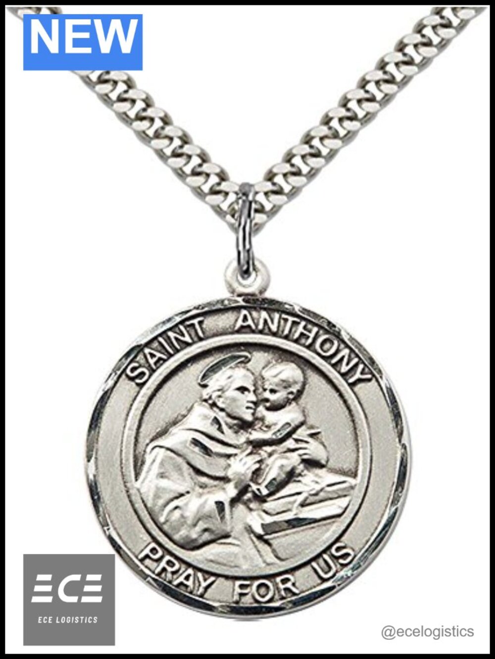 Sterling Silver St Anthony Padua Pendant 24" Stainless Steel Curb Chain
